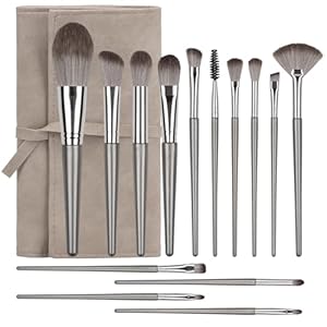 14 Pcs Makeup Brush Set, Professional Eye and Face Foundation Brush Set, Eyeshadow Brushes, Cosmetic Brushes, with Pu Bag, Grayish