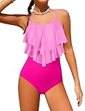 Tomolant Girls Swimsuit, Teen Swimsuits for Girls 12-14 Color Block One Piece Bathing Suit 2-Tiered Ruffle Bathing Suit with Chest Pad Adjustable Straps Swimwear