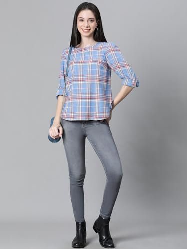 Image of oxolloxo Women Cotton Casual Tops | Regular Fit Checked Checked Round Neck |Regular Tops for Women |Navy Blue