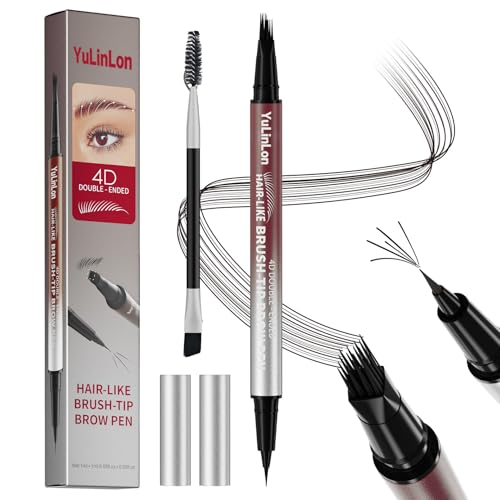 YuLinLon 4-Tip Eyebrow Pen, Waterproof Micro-Fork Tip Brow Tattoo Pen, Natural 3D Effect, Long Lasting Smudge-Proof Formula, 1ml (03# DARK BROWN)
