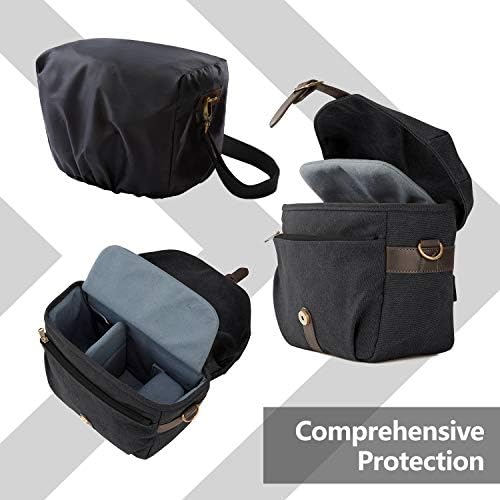 bagsmart Vintage Camera Bag Messenger Bag Canvas SLR DSLR Case Padded Shoulder Bag with Rain Cover for Day Trip, Travel (Black)