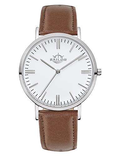 Montre Sailor Classic Basic blanche montre bracelet cuir marron boîtier noir