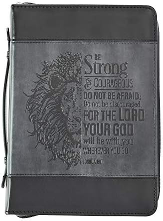 Christian Art Gifts Classic Faux Leather Bible Cover for Men and Women: Be Strong and Courageous - Joshua 1:9 Inspirational Bible Verse with Lion, Gray and Black, Large
