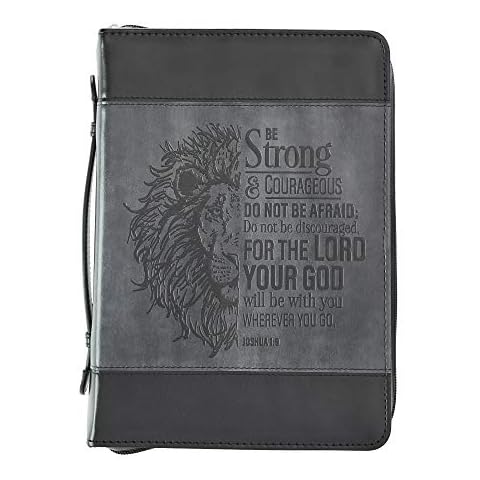 Christian Art Gifts Classic Faux Leather Bible Cover for Men and Women: Be Strong and Courageous - Joshua 1:9 Inspirational Bible Verse with Lion, Gray and Black, Large Cover