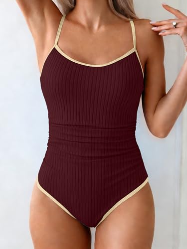 Image of Eomenie Women's One Piece Swimsuit Tummy Control Slimming Bathing Suit Color Block Spaghetti Strap 1 Piece Swim Suit Swimwear