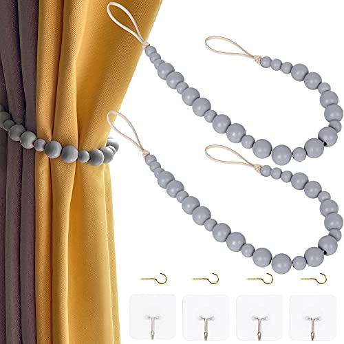 OCIOLI 2 Pieces Wood Bead Curtain Tieback Boho Curtain Tiebacks Curtain Holdbacks for Wall Curtain Ties Curtain Tie Backs with Hooks for Boho Decor Bedroom Decor Nursery Decor (Grey, 2)