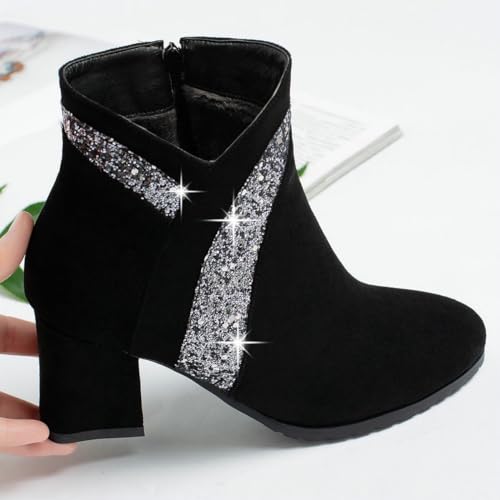DINTAHA Womens Sparkly Boots,Suede Ankle Boots For Women,Chunky Heel Side Zip Sparkle Glitter Booties3