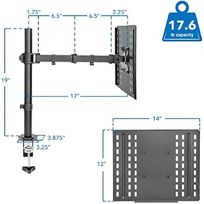 Mount-It! Laptop Desk Mount, Fully Adjustable Ergonomic Laptop Arm with Vented Tray, Cable Management, Clamp and Grommet Base, Fits Laptops up to 17 Inches, Black
