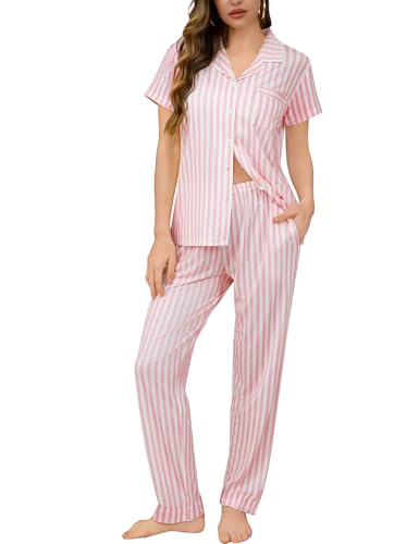 Image of SWOMOG Women Pajama Sets Two-Piece Nightwear Short Sleeve Sleepwear Button Down Pj Lounge Sets with Long Pants