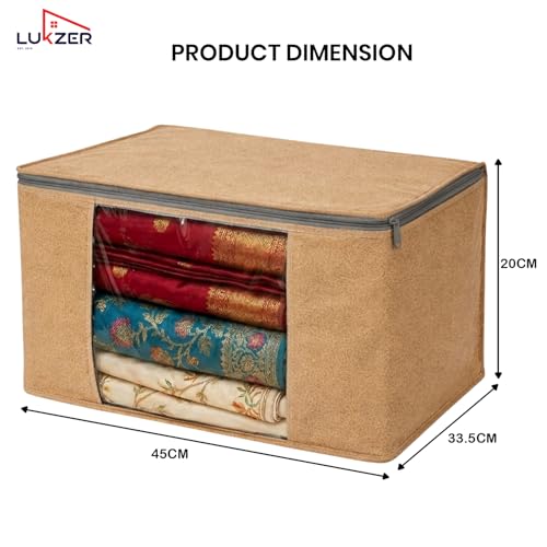 Image of Lukzer Non-Woven Leather Printed Saree Covers for Storage with Transparent Window & Zip - Large Set of 06 | Cloth Storage /Wardrobe Organizer for Woman Clothes /Lehengas /Dresses 45x33x20CM - (LSC-03-06)
