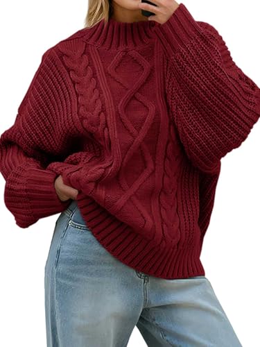 Saodimallsu Womens Oversized Cable Knit Sweaters 2025 Fall Winter Trendy Button Up Turtleneck Chunky Pullover Sweater Tops Burgundy