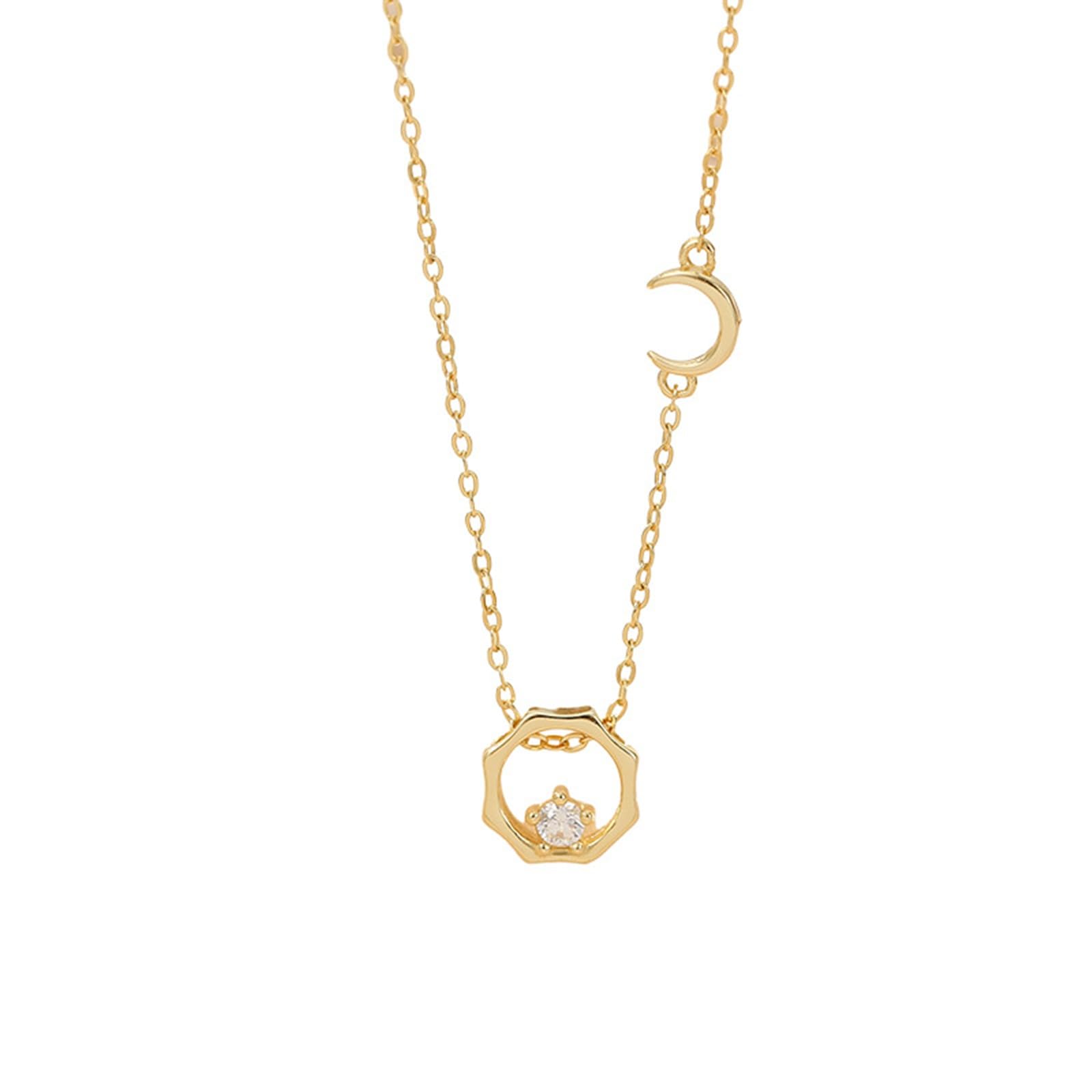 Collar de oro de 14 quilates para mujer, collar de oro amarillo de 9 quilates, 14 quilates, 18 quilates con sol y luna, cadena Rolo: 40 + 5 cm