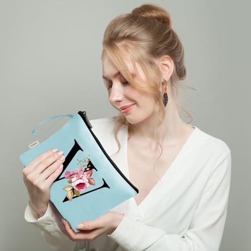 Image of Vavabox A-Z Personalized Makeup Bag, Birthday Gifts for Women Mom, Gifts for Best Friend, Bride Bridesmaid Cosmetic bag (W, Aqua)