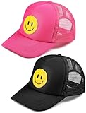 Picture of Cozypower 2 Pcs Smile Face Baseball Cap Smile Trucker Hat Mesh Adjustable Baseball Cap Retro Preppy Hats for Women(Rose Red, Black)