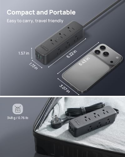 Image of TROND 360 Rotating Flat Plug Power Strip 5ft with USB PD 20W, 9 AC, Black | Flat Extension Cord Surge Protector 1300J, 1625W, Wall Mountable, for Home Office Travel Dorm Room Essentials