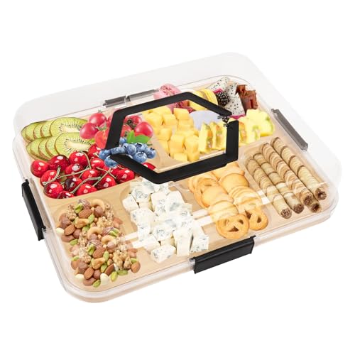 Charcuterie Board with Lid, Bamboo Cheese Board Travel Charcuterie Board with Cover & Handle Cheese Platter Cutting Boards for Kitchen, House Warming Gifts, Wedding Gifts (6 Compartments)