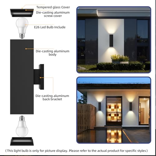 Image of JAYMP 13 inch Up and Down Wall Sconce Aluminum Modern Outdoor Light, Black Rectangular IP65 Waterproof Exterior Wall Lamp for Front Door Patio Porch Staircase Hallway (1 Pack)