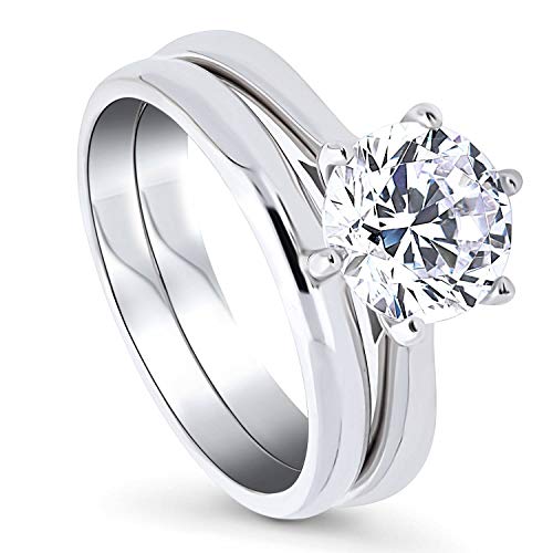 BERRICLE Rhodium Plated Sterling Silver Round Cubic Zirconia CZ Solitaire Engagement Wedding Ring Set 2 CTW Size 6