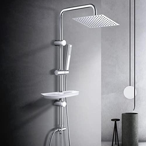Görbach Colonna Doccia idromassaggio Colonna Doccia Acciaio Inox Senza Miscelatore Fori Muro Regolabili Asta Doccia Gruppo Doccia Colonna Con Soffione e Doccetta Porta Ogetti Mensola 20 * 20 Quadrato