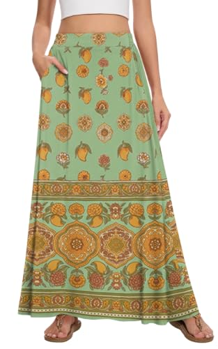 Image of Womens Maxi Skirt Long Flowy Summer A-Line High Waist Skirts | Elastic Waistband with Pockets, Lightweight Fabric, Casual Wear, Swing beach boho Outfits, Fashion Clothes