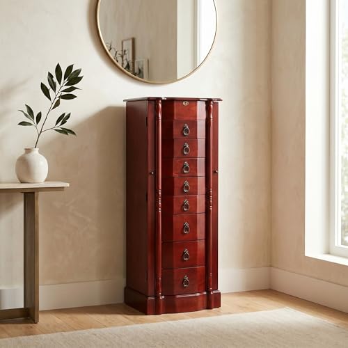 Hives and Honey Francesca Traditional Standing Jewelry Armoire Cabinet, Antique Locking Storage Organizer with Mirror, 8 Drawers, Necklace Hooks, Anti-Tarnish Lining, Cherry
