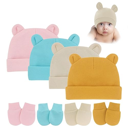 4 Sets Newborn Baby Hat and Mitten Set, Cute Animal Ears Beanies and No Scratch Mittens for 0-12 Months