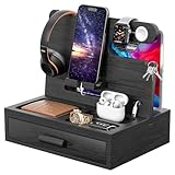 melafa365 Nightstand Organizer for Men,Phone Docking Station Organizer with Cable Management,Night Stand Organizer with Drawer,Bedside Organizer for Watches,Keys,Wallets,Gifts for Men(Black)