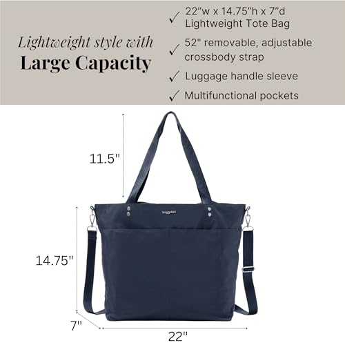 Image of Baggallini Carryall Tote - Lightweight Nylon Zipper Top Weekender Travel Beach Bag w /Luggage Sleeve