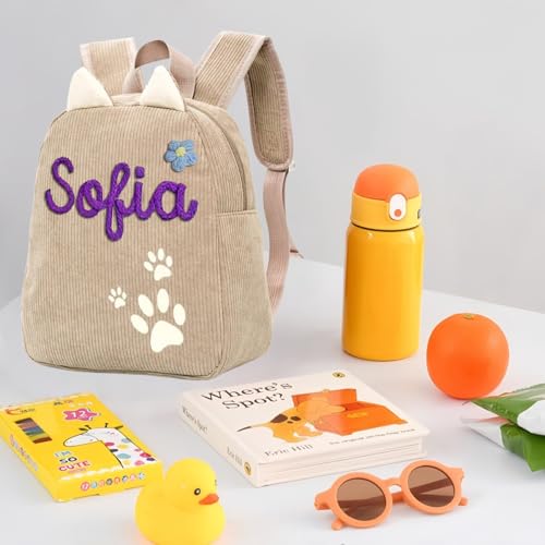 Custom Corduroy Rucksack for Kids, Personalized Embroidered Name Backpack, Lightweight and Spacious Corduroy School Bag for Nursery and Primary School, Adjustable Shoulder Strap(Khaki)3