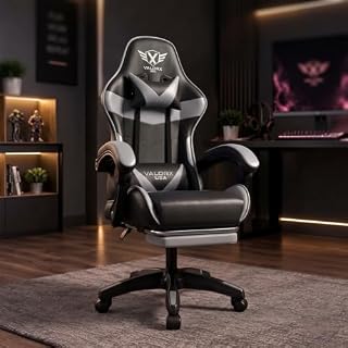 Fighter By ValorX USA Ergonomic Gaming & Office Chair with Footrest | High Back 135° Recliner | Linkage Armrests | Neck & Lumbar Support | Premium PU Leather | Grey