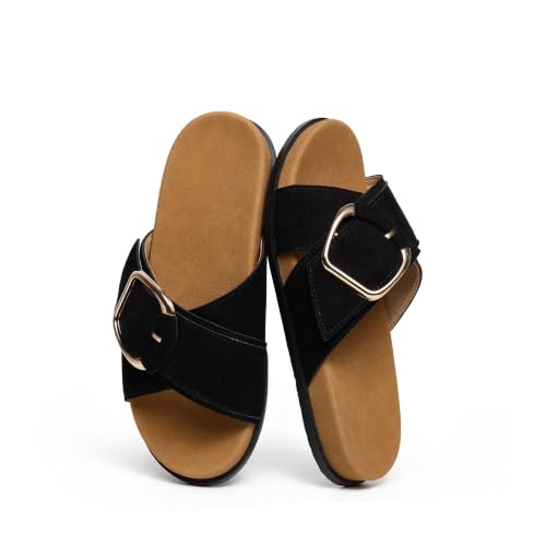Image of Flat Sandals for Women Cross Buckle Straps Slides Slip-On Comfortable Summer Vacation Beach Sandals