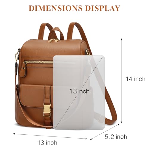 Image of KKXIU Backpack Purse for Women - Multi-pocket Leather backpack for Travel, Work & School with Anti-Theft Lock Pocket, Luggage Strap & Water Bottle Pockets - 13x14x5.2 Inch, 1.67lb (Brown)