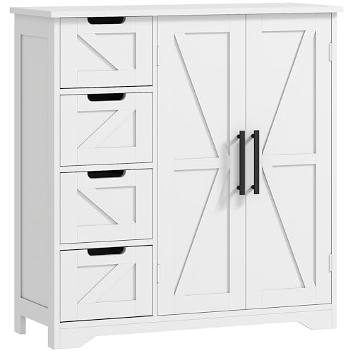 HOMCOM Meuble de Salle de Bain, Meuble de Rangement, Armoire Salle de Bain avec 4 tiroirs, 1 Placard, étagère réglable, pour Salon, Salle à Manger, Petits espaces, 81,2 x 30 x 83,8 cm, Blanc