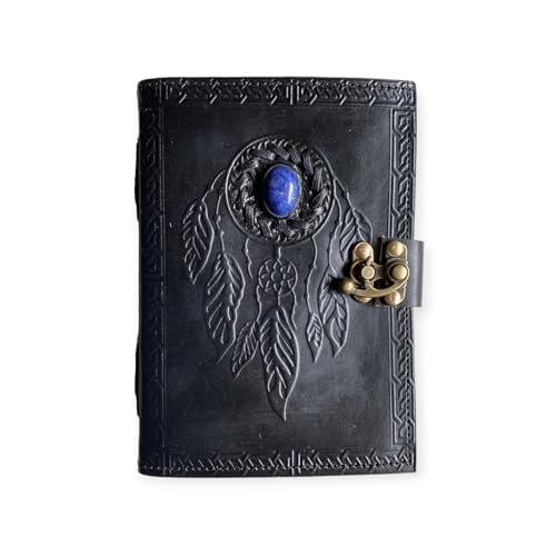 Carnet en cuir gaufré attrape-rêves Urban Craft noir journal intime avec pierre