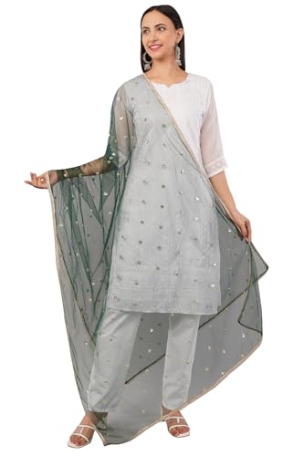 Image of Net Butti Dupatta for Women | Golden Lace Border Chunni | Butti Work Odhani | Wedding & Bridal Styling | Lightweight Drape | Kurti & Salwar Suit