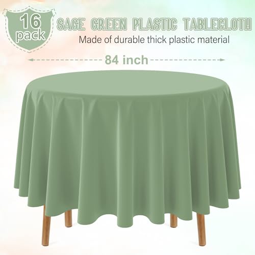 Image of Ragnhild 16 Pack Sage Green Plastic Tablecloths for Round Tables, Premium Decorative Sage Disposable Table Covers for Parties, Round Party Table Cover for Birthday Wedding Baby Shower Party, 84 Inch