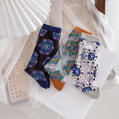 Image of Starella Womens Summer Sheer Socks Mesh Cute Floral Dress Sock Transparent Nylon See Through Stockings 3 Pairs Floral /Vintage