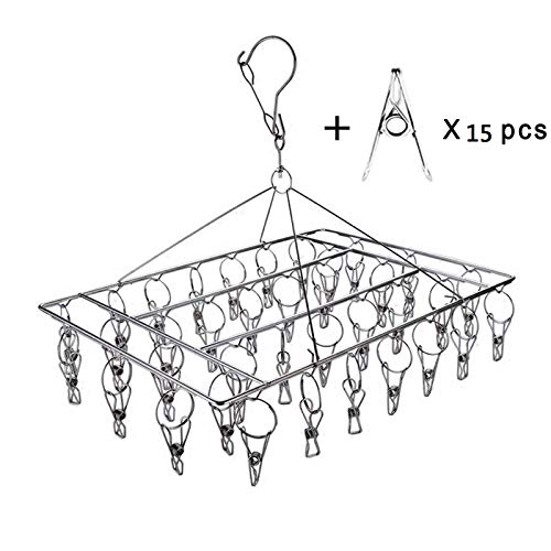 Ruesious Tendedero Colgante de Acero Inoxidable con 36 Clips, Resistentes al Viento, Calcetines, Ropa Interior, Ropa, Toallas