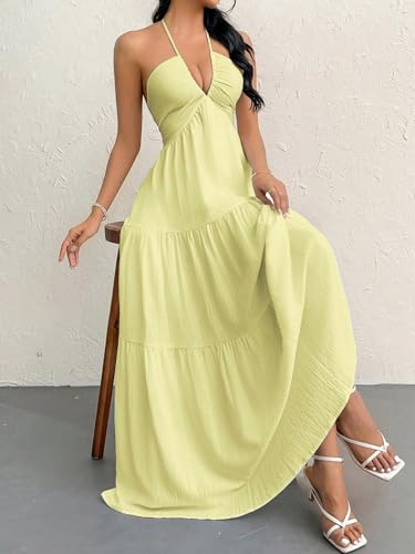 Image of Narecte Women's Maxi Summer Dresses Halter V Neck Beach Dresses for Women A-Line Casual Dress for Vacation
