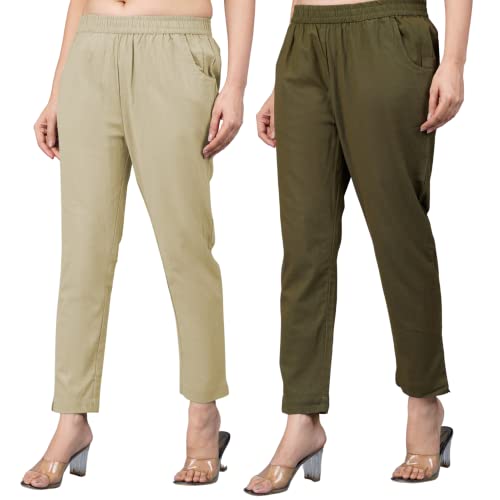 Image of Regular Fit Fully Elastic Waist Ankle Length Premium Cotton Casual Trouser Pant (Combo Pack of 2)