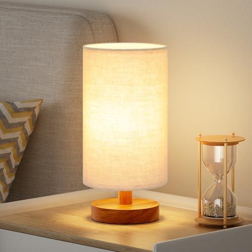Image of Fenmzee Small Table Lamp for Bedroom - Inline Control, Bedside Lamp with 3000K A15 LED Blub, Easy Assembly (Beige Shade - Walnut Base, 9 inch Inline Control)