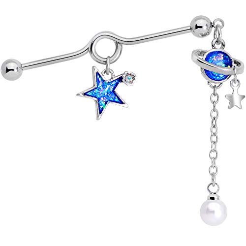 Body Candy Womens 14G Steel Helix Cartilage Earring Glitter Blue Star Planet Dangle