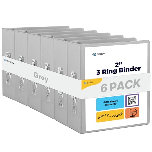 Enday 2 inch 3 Ring Binder (6 Pack - Grey) Binder 2 inch with Clear View Cover and 2 Inside Pocket - for Letter Size 8.5 x 11'' Paper, Ideal for School Supplies, Office, and Home