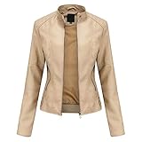 YYNUDA Lederjacke Damen Kurz Jacke Übergangsjacke aus Kunstleder mit Reißverschluss für Herbst（N767 Beige M）