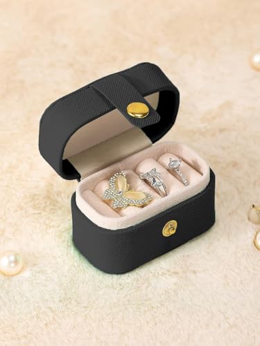 Image of Cortina Pu Leather Small Jewelry Box, Travel Portable Jewelry Case For Ring, Pendant, Earring, Necklace, Bracelet Organizer Storage Holder Boxes - Black