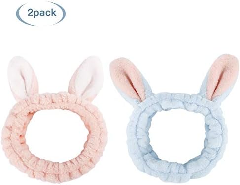 Luxspire 2 PACK Wash Headband, Bunny SPA Skin Care Hairlace, Soft Facial Headband Head Wrap,Rabbit Ear Makeup Washing Face Shower Bath Bands Hair Accessories,Easter Cosplay Costume, Pink & Blue