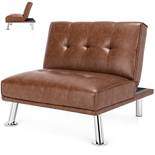 Modernes Schlafsofa aus PU-Leder mit verstellbarer Rückenlehne und getufteten Knöpfen, Edelstahlbeine, ideal für Wohnzimmer oder Schlafzimmer, Braun Modernes Schlafsofa aus PU-Leder mit verstellbarer Rückenlehne und getufteten Knöpfen, Edelstahlbeine, ideal für Wohnzimmer oder Schlafzimmer, Braun
