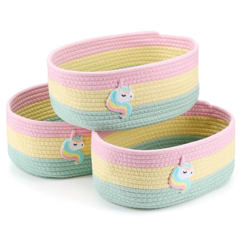 Geelin 3 Pcs Pastel Rainbow Baskets for Storage Cute Unicorn Woven Rope Gift Baskets Rectangle Shelf Organizer Bins Laundry Hamper for Toys Organizing Closet Nursery Decor, 11.8''x7.8''x4.7''