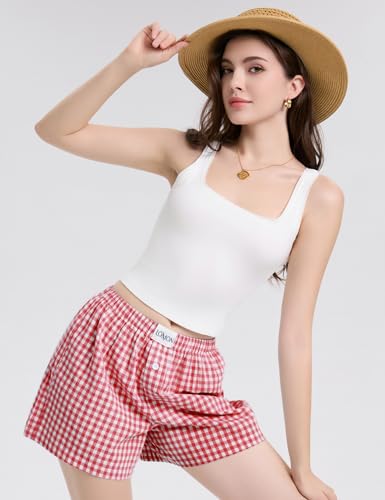 Image of LOMON Womens Boxer Shorts Casual Summer 2026 Pajama Lounge Sleep Pj Gingham Plaid Shorts Y2K Beach Bottoms