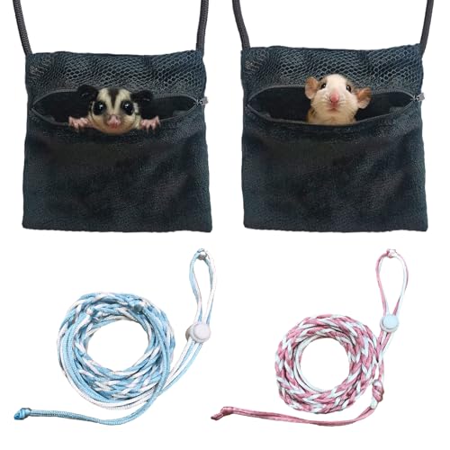 2 Pics Sugar Glider Pouch and 2 Pics Hamster Leash Small Animal Carry Pouch with Adjustable – Cozy & Portable Habitat for Small Pets (Hamsters, Rat, Marmosets, Squirrels)